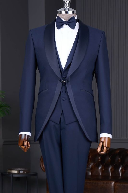 Brady Slim Navy Three Pieces Wedding Suits With Satin Shawl Lapel