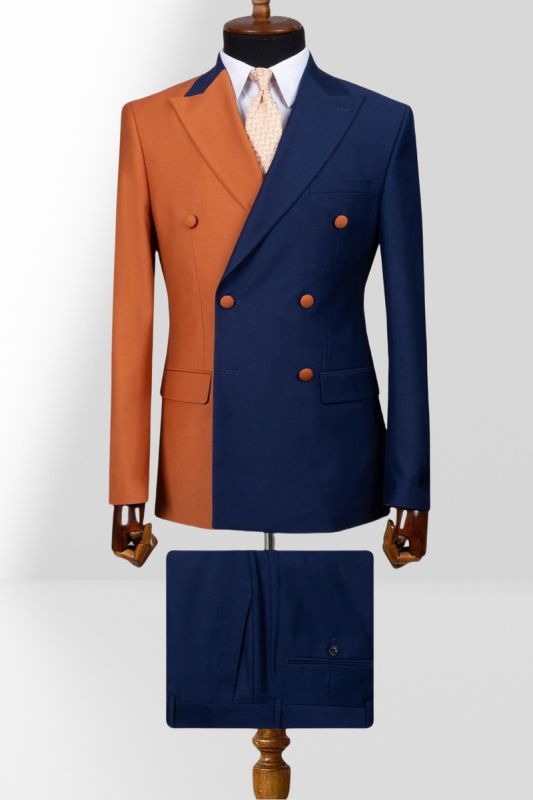 Orange And Navy Blue Double Breasted Peak Collar Slim Mens Two Piece Suit