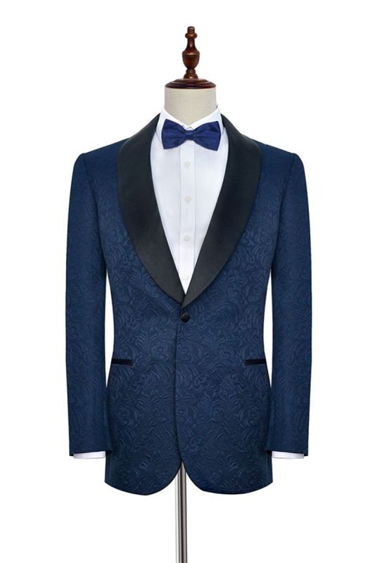 Bennett Navy Blue Mens Wedding Suit |  Jacquard Black Silk Shawl Lapel Prom Suit