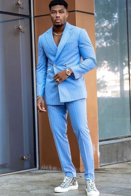Billy Stylish Sky Blue Notch Lapel Double Breasted Striped Men Prom Two Piece Suit