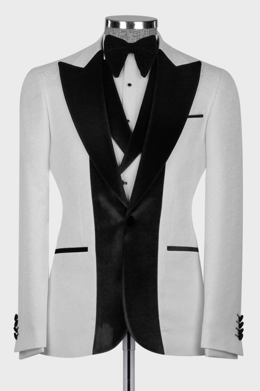 White Jacquard Wedding Suit with Black Velvet Groom Three Piece Suit