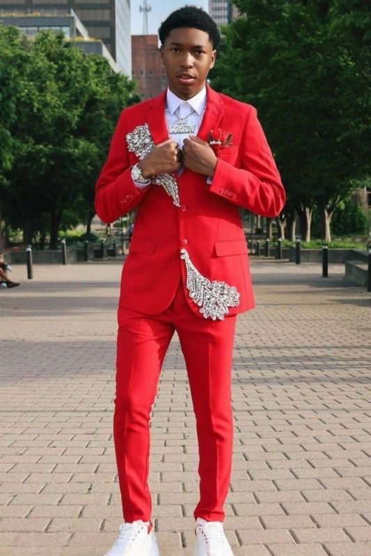 Modern Red Slim Notched Lapel Two Piece Prom Suits With Beading
