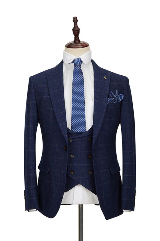 Classic Blue Plaid Peak Lapel 3 Piece Mens Suit with Double Breasted Waistcoat