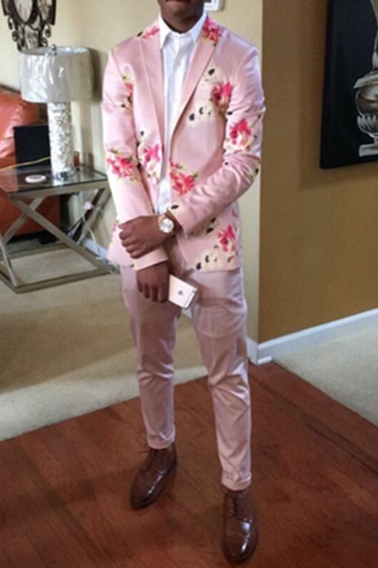 Charming floral print two pink prom men suits for sale
