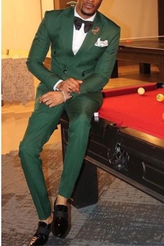 Dark Green Double Breasted Point Lapel Two Piece Men