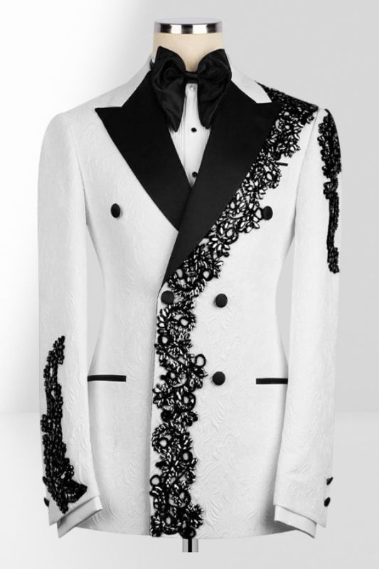 Men's White Double-Breasted Tuxedo with Black Lace Embroidery Two Piece Prom Suit
