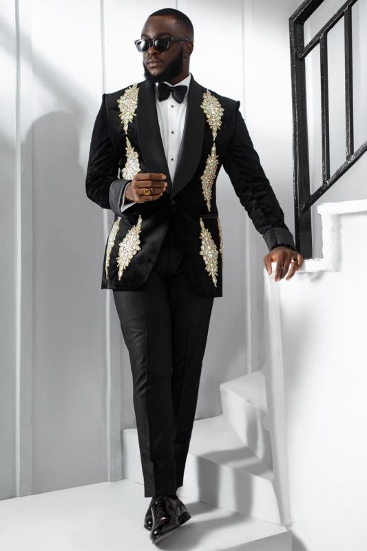 Hansen Fashion Black Velvet Shawl Lapel Beading Two Pieces Prom Suits