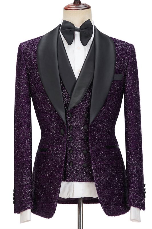 Caleb Bespoke Dark Purple Glitter Shawl Lapel Three Piece Men Suit