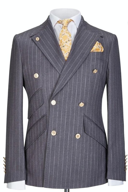 Gray Lapel Gold Button Double Breasted Striped Men Two Piece Suit