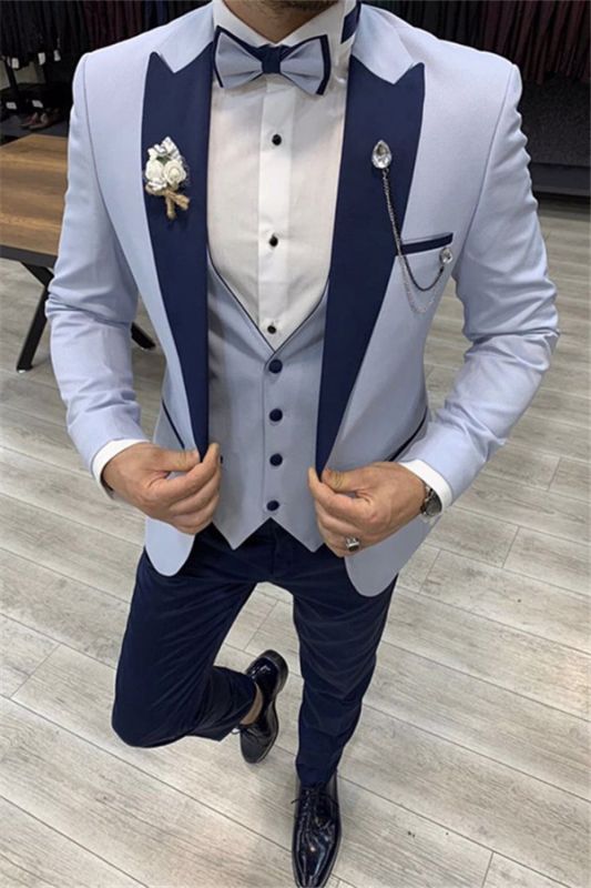 Sky Blue Pointed Lapel Slim Fit Pointed Lapel Three Piece Mens Suit