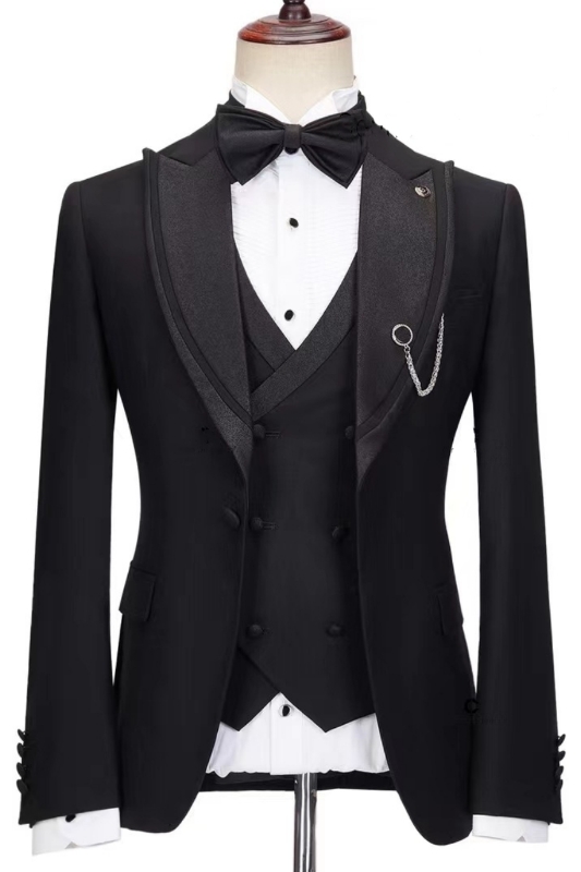 Chic Black Peaked Lapel Three Pieces Prom Suits | Black Three Prom Suits