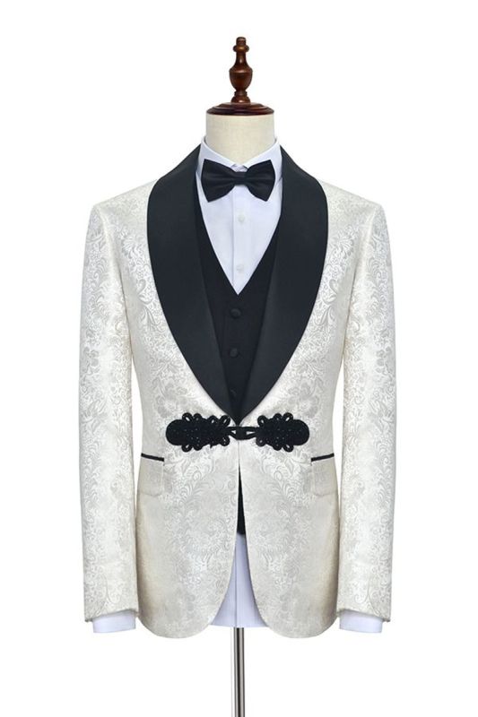 Fashion Knit Buttons Black Shawl Lapel Three Piece White Jacquard Mens Wedding Tuxedo