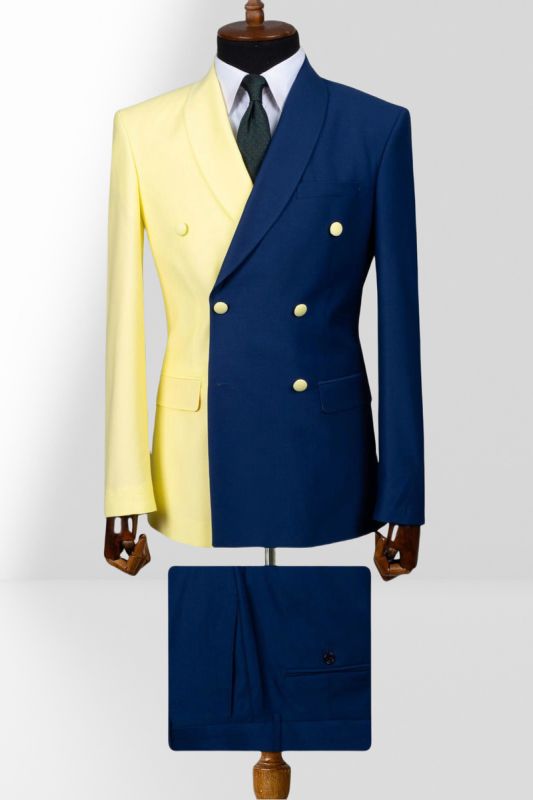 Yellow And Dark Blue Double Breasted Shawl Collar Slim Mens Two Piece Suit