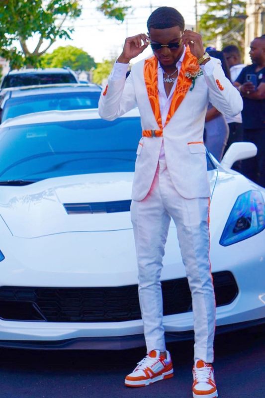 Virgil White Slim Two Piece Prom Suits With Orange Jacquard Peaked Lapel