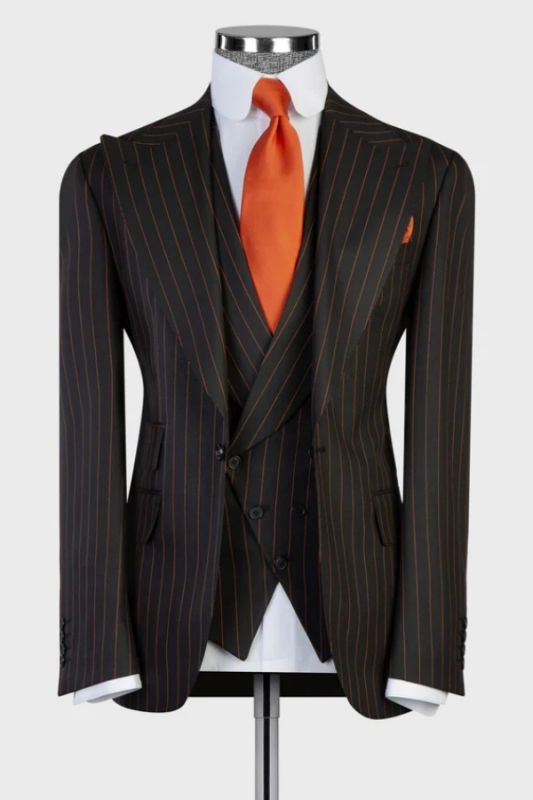 Black Orange Pinstripe Three Piece Suit Men Custom Tailored Formal Outfit For Wedding Prom Business Gala
