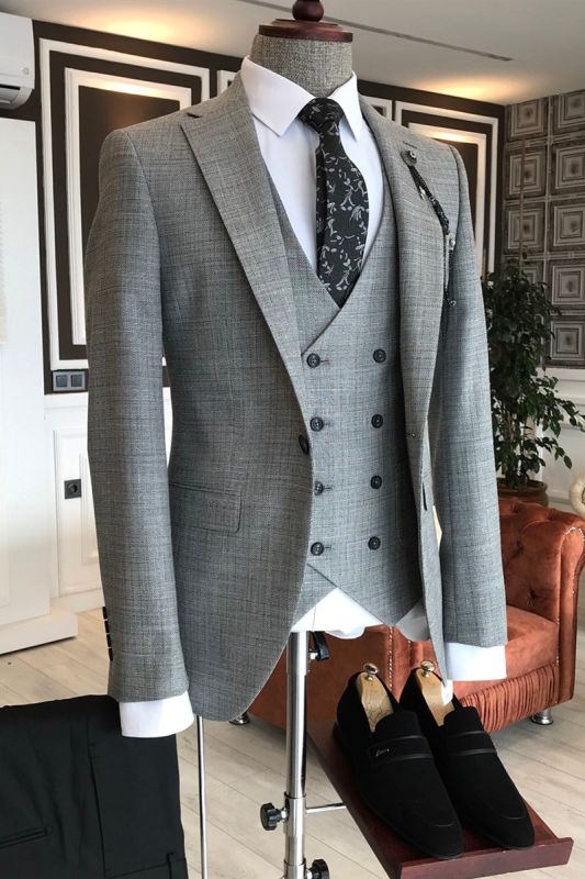 Regular Grey Plaid 3 Piece Notched Lapel One Button Formal Mens