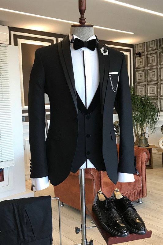 Earl's Classic Three-Piece Black Shawl Lapel Wedding Suit A Good Choice For The Groom