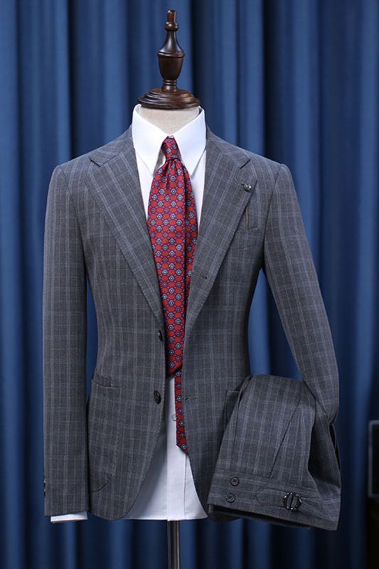Hogan Elegant Dark Grey Plaid Notched Lapel Slim Fit Tailored Business Suit