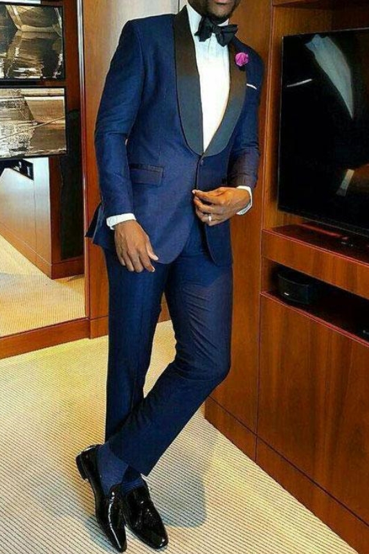 Joshua Navy Blue Fashion Custom Shawl Lapel Wedding Groom Suit Online