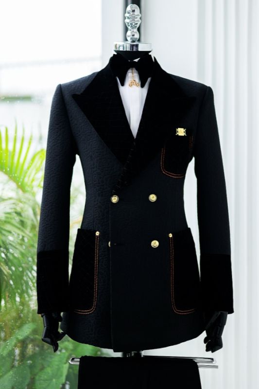 Matt Classical Black Textured Double Breasted Tuxedo Velvet Grid Lapel Gold Button Stitched Pocket Custom Formal Suit Set