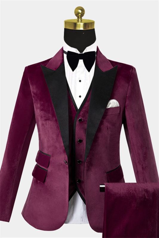 Burgundy Velvet Three-Piece Tuxedo | Mens Point Collar Prom Suit