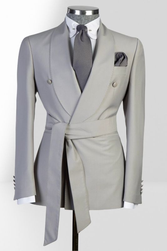 Grey Slim Fit Double Breasted Shawl Collar Men Two Piece Tuxedo | With Belt