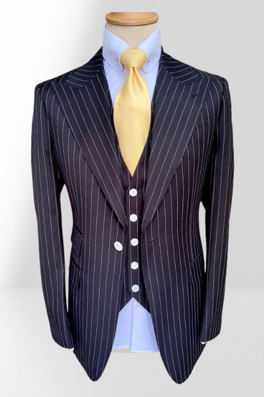 Clark Slim Black Three Pieces Striped Peaked Lapel Formal Business Suits