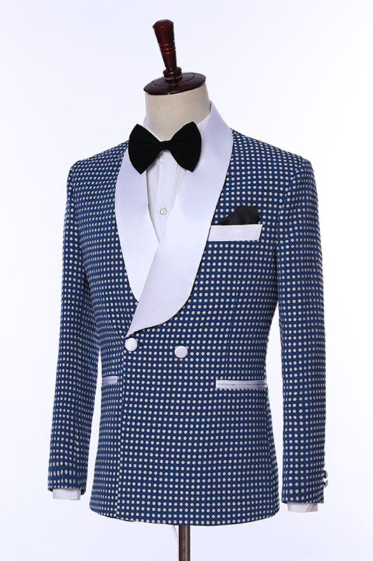 One Button Navy Polka Dot Cape Lapel Wedding Groom Suit