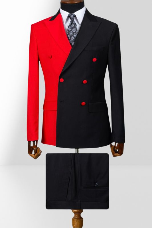 Red And Black Double Breasted Peak Collar Slim Fit Mens Two Piece Suit