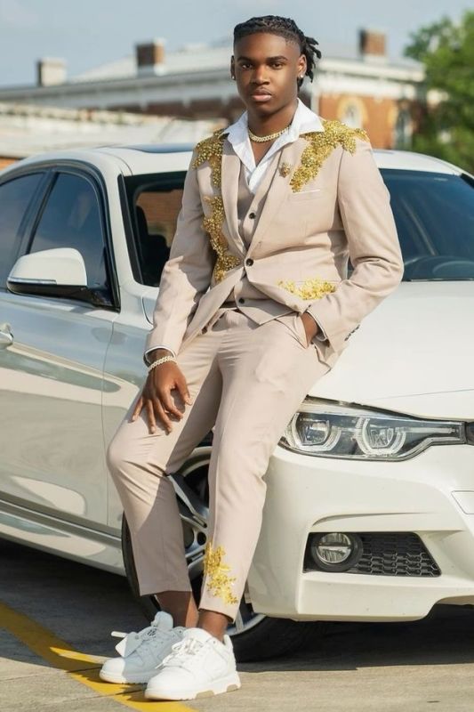Men's Beige 3-Piece Suit with Gold Embroidery Custom Prom Tuxedo for Weddings & Formal Events