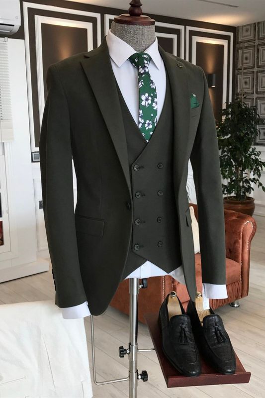 Ziv Green 3 Piece Double Breasted Vest Business Mens Suit