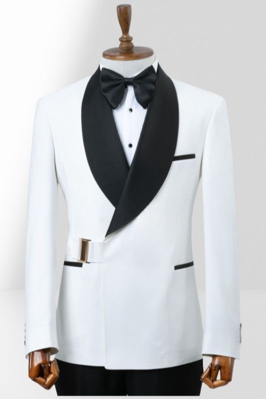 Slim Fit White Shawl Collar Two Piece Suit | With Adjustable Metal Buttons