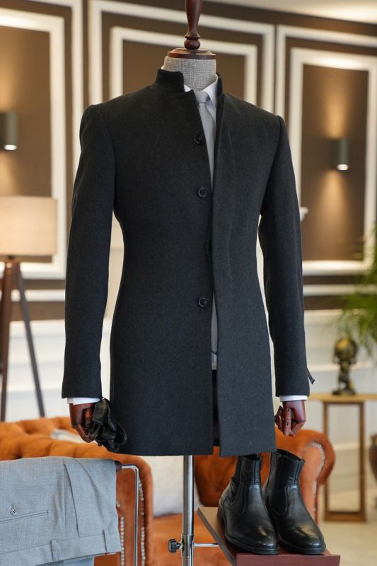John Heritage Black Stand Collar Slim Fit Business Wool Coat