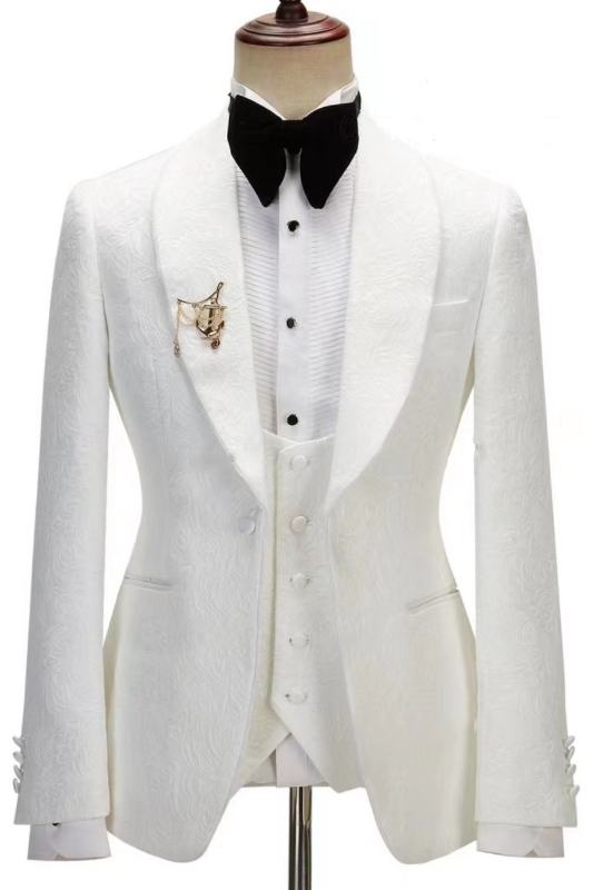 Gentle White Jacquard Shawl Lapel Three Pieces Wedding Suits | White Wedding Suits