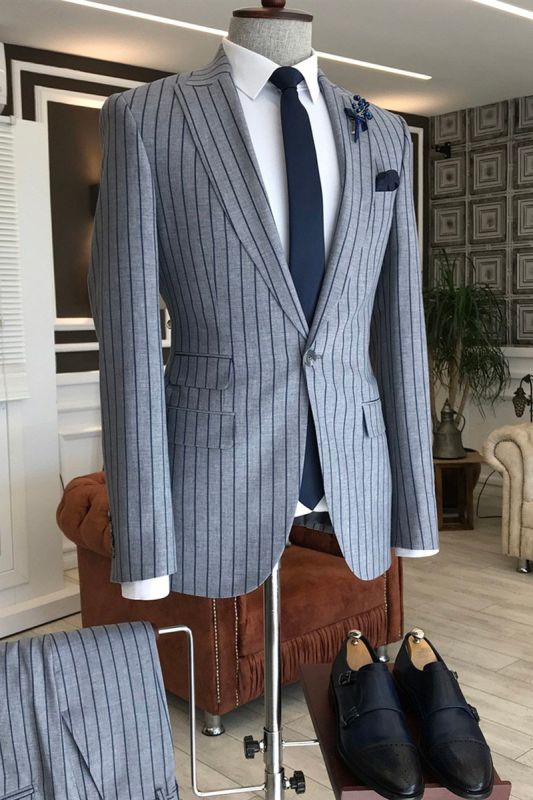 Myron Grey Striped Pointed Lapel Slim Fit Business Mens Suit