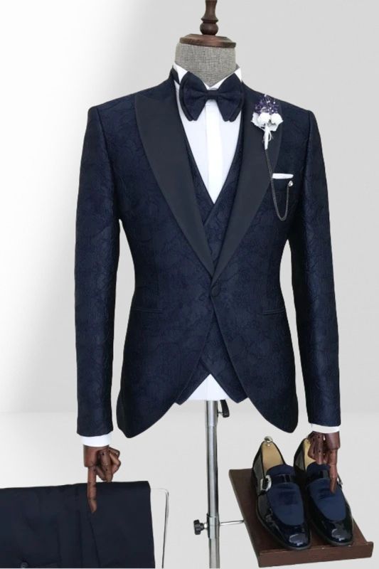 Dark Navy Jacquard Peaked Lapel Mens Three Pieces Suit By Wedding