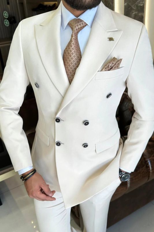 Italian Simple Ivory Pointed Collar Double Breasted Two Piece Slim Fit Suits