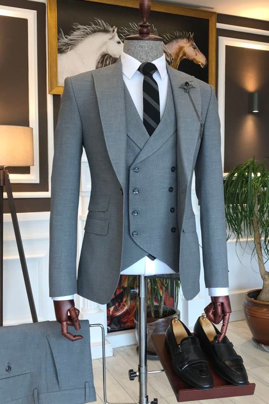 Trendy Grey 3 Piece Point Lapel Business Suit for Men