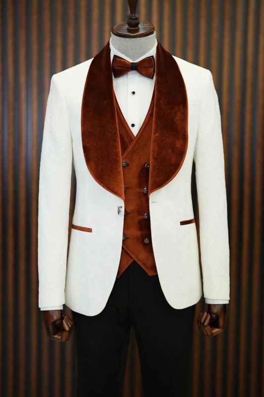 Brady Orange Velvet Shawl Lapel Jacquard Mens Slim Three Piece Tuxedo Suit
