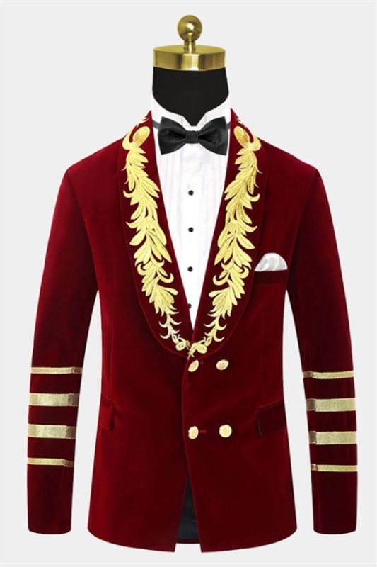 Burgundy Velvet Boyfriend Blazer | Gold Embroidered Tuxedo Jacket For Prom