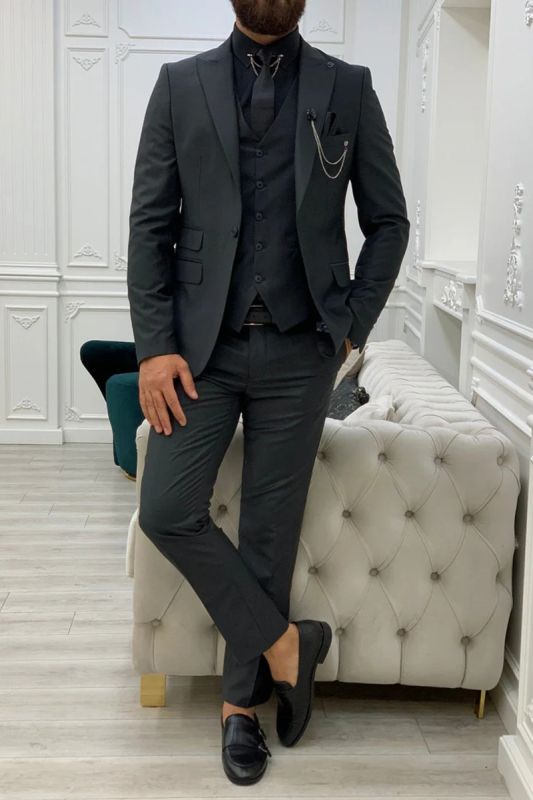 Dark Grey Wool Peak Collar Men's Three Piece Wedding Prom Suit