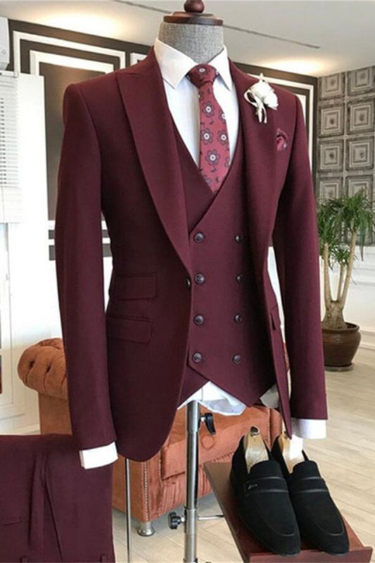 Maverick Burgundy Peaked Lapel Three Pieces Men Suit