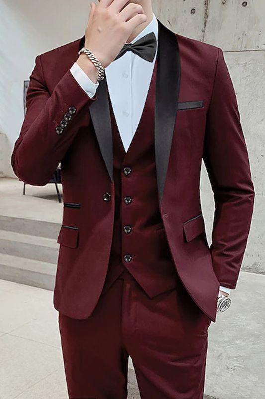 Burgundy Shawl Lapel Wedding Tuxedo |  Suit Prom Mens Suits 3 pcs
