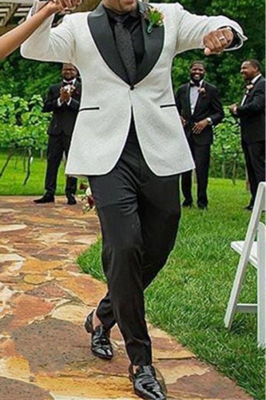 Samuel White Jacquard Shawl Lapel One Button Wedding Mens Suit