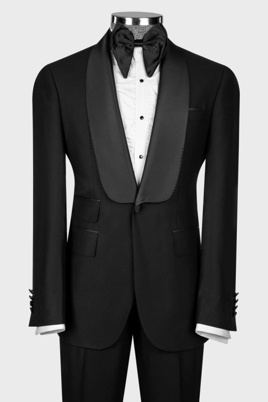 Elegant Black Shawl Lapel Tuxedo Suit One-Button Formal Prom & Wedding Suit