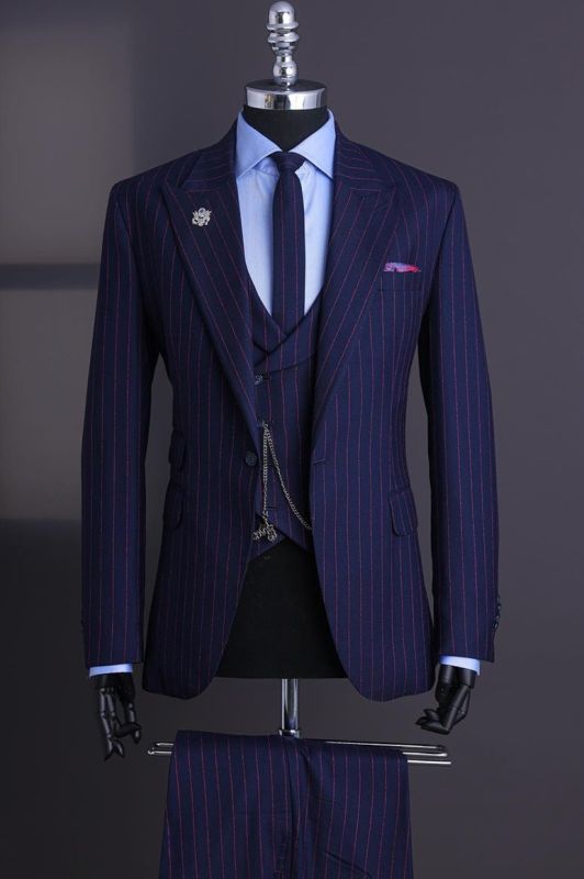 Brady Navy Peaked Lapel Three Pieces Striped Business Suits
