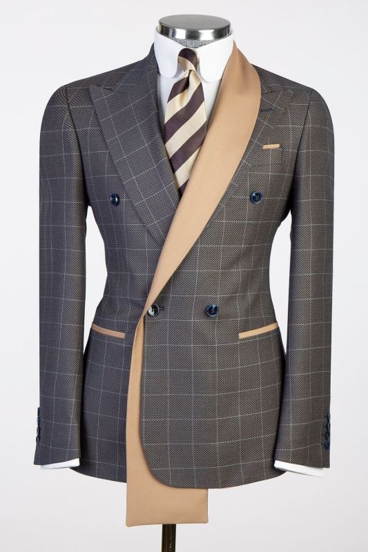 Slim Fit Dark Gray Plaid Double Breasted Satin Lapel Business Two Piece Suit