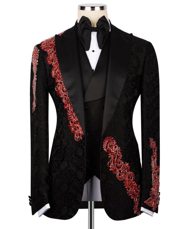 Black Jacquard Three Piece Tuxedo with Red Beaded Embroidery | Bradymensuit