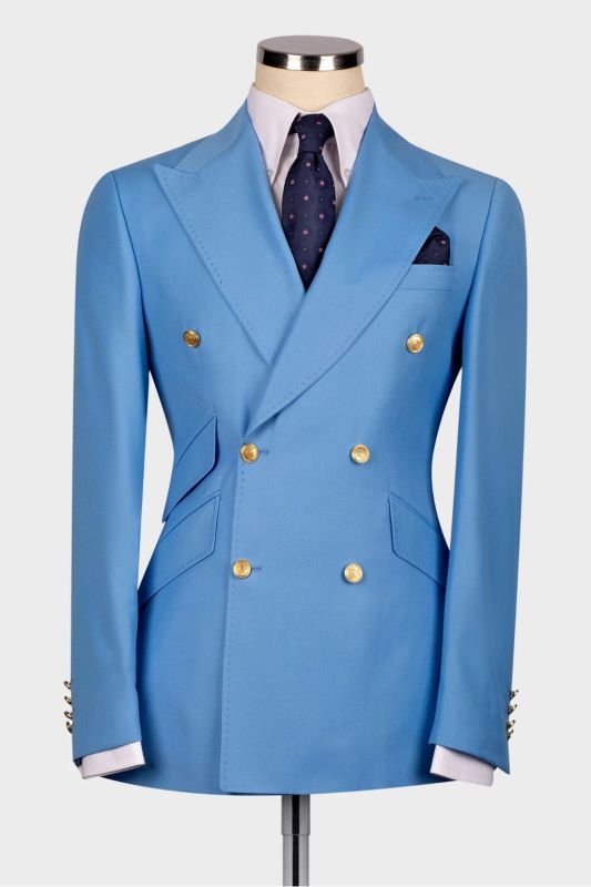 Ocean Blue Three Piece Slant Pockets Double Breasted Business Suit