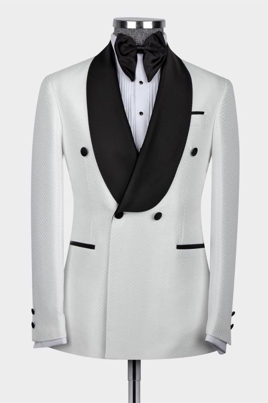 White Two-Piece Black Shawl Lapel Double Breasted Wedding Suit